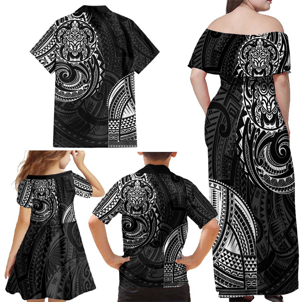 Polynesian Turtle Tribal Tattoo Family Matching Off Shoulder Maxi Dress and Hawaiian Shirt Black Style LT9 - Polynesian Pride