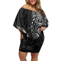 Polynesian Turtle Tribal Tattoo Family Matching Off Shoulder Short Dress and Hawaiian Shirt Black Style LT9 Mom's Dress Black - Polynesian Pride