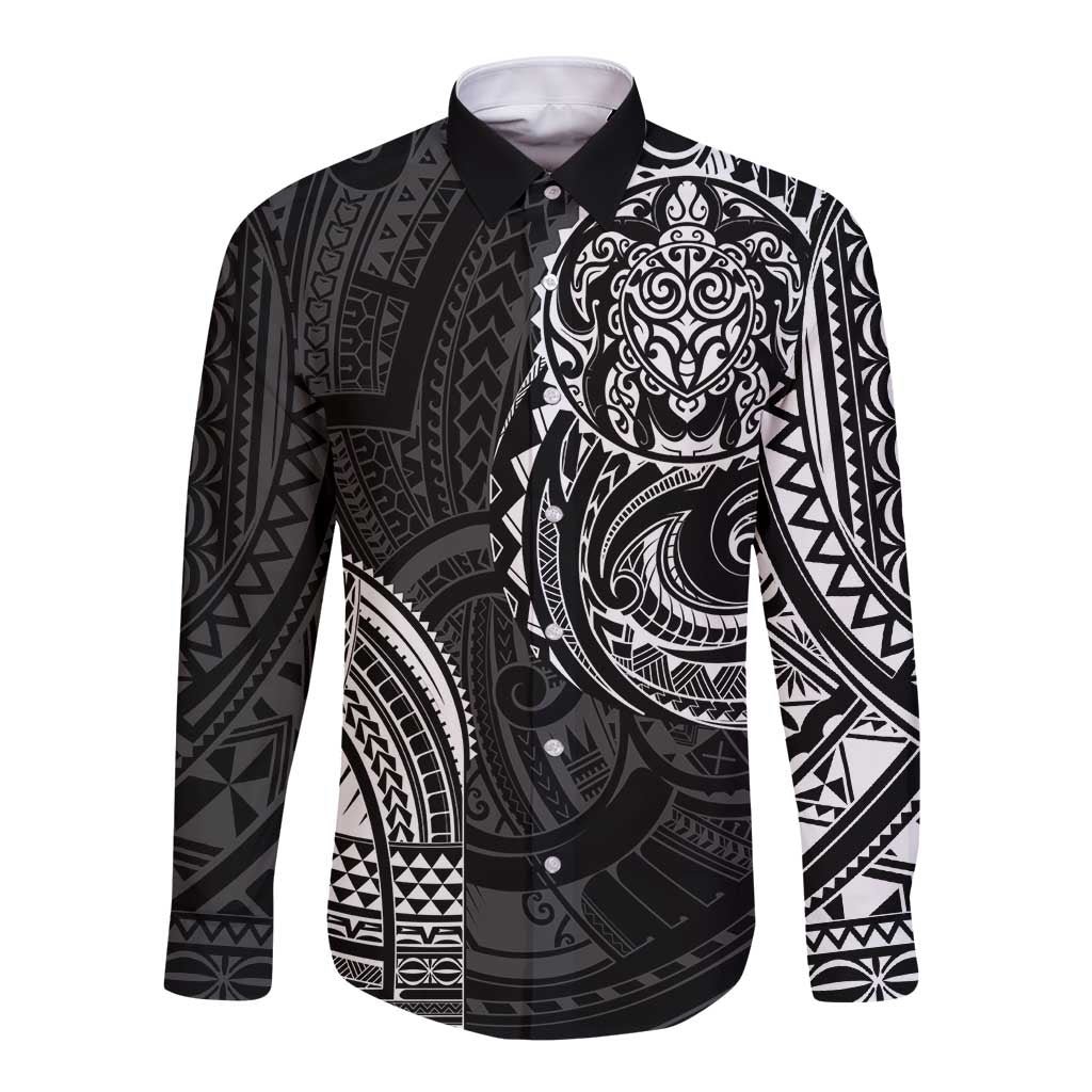 Polynesian Turtle Tribal Tattoo Long Sleeve Button Shirt Black Style