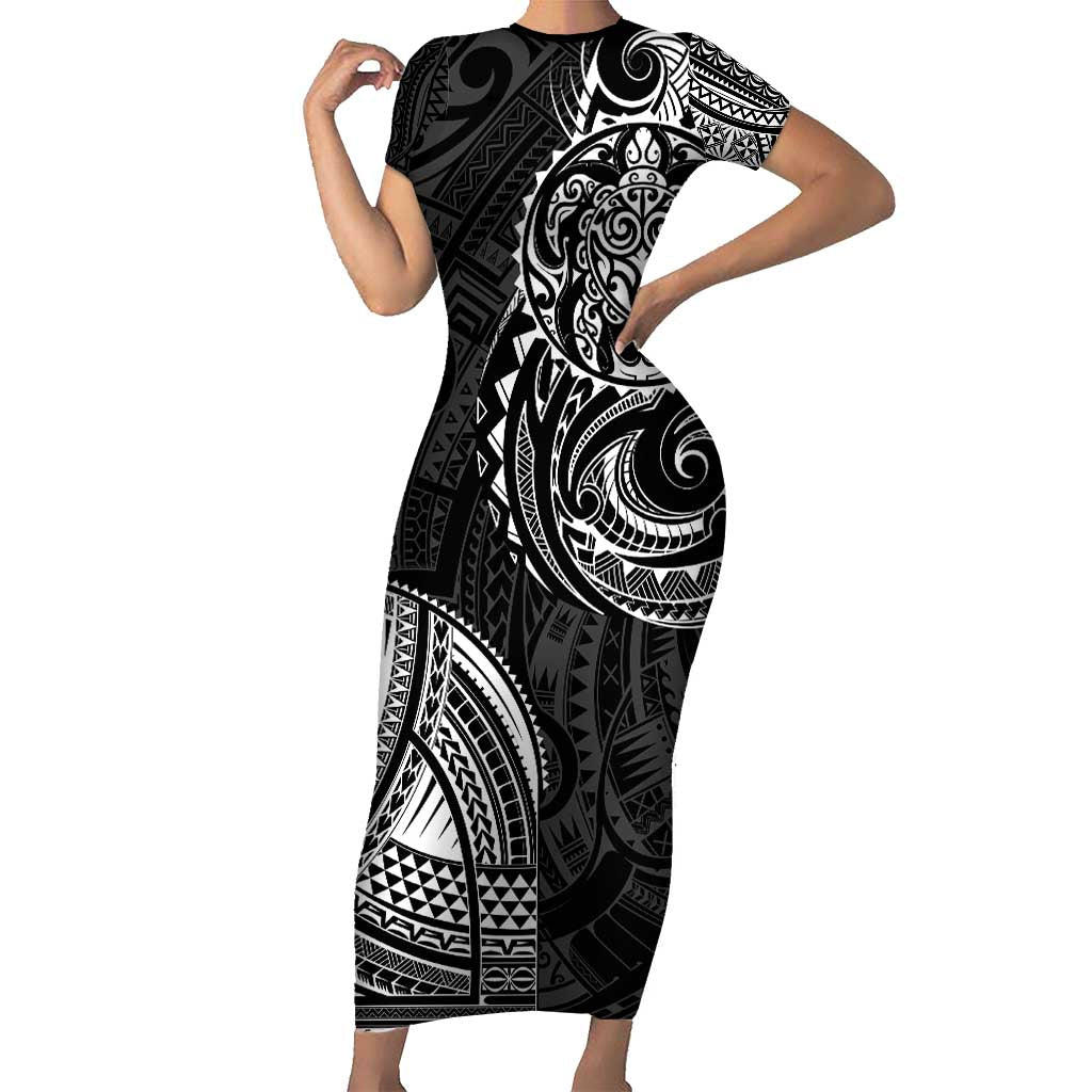 Polynesian Turtle Tribal Tattoo Short Sleeve Bodycon Dress Black Style