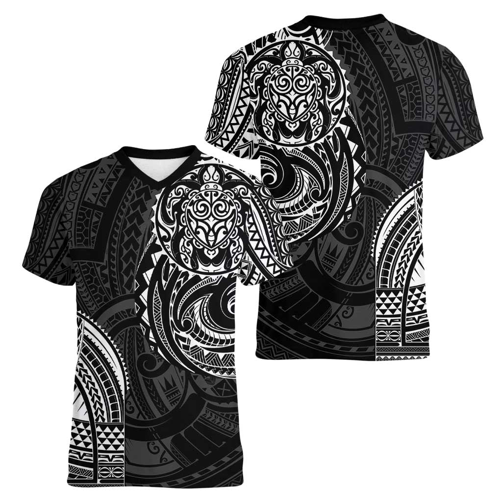 Polynesian Turtle Tribal Tattoo Women V-Neck T-Shirt Black Style LT9 - Polynesian Pride