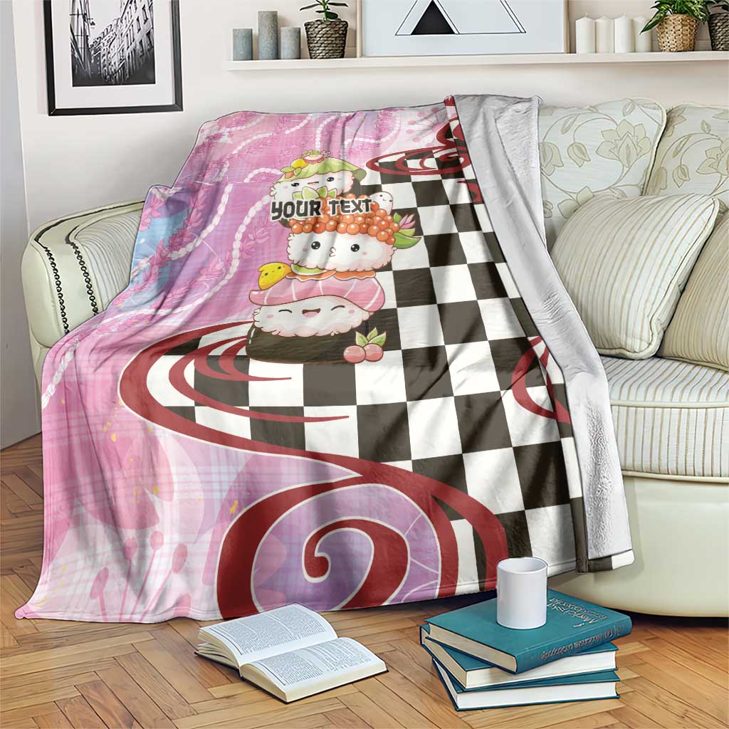 Personalized Japanese Kawaii Sushi Roll Blanket Wagara Palaka Pattern LT9 Pink - Polynesian Pride