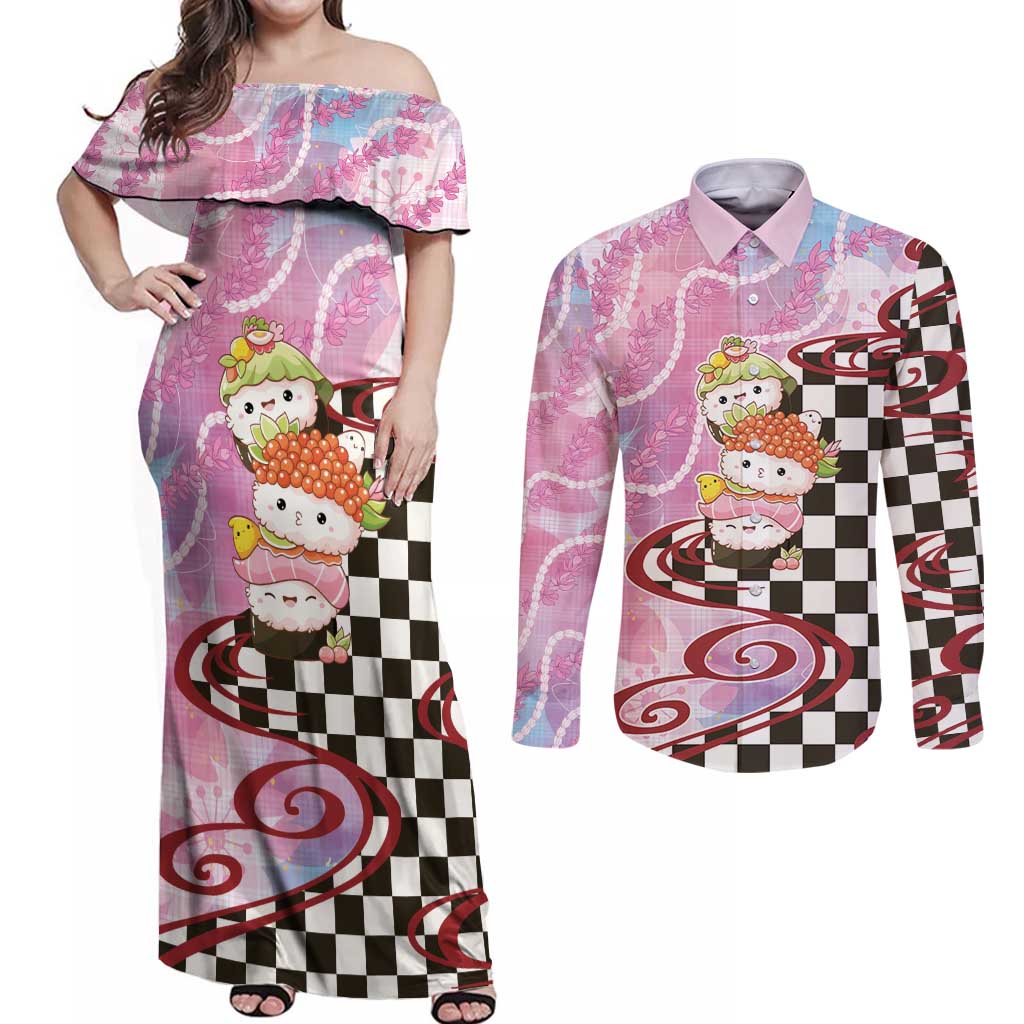 Personalized Japanese Kawaii Sushi Roll Couples Matching Off Shoulder Maxi Dress and Long Sleeve Button Shirt Wagara Palaka Pattern