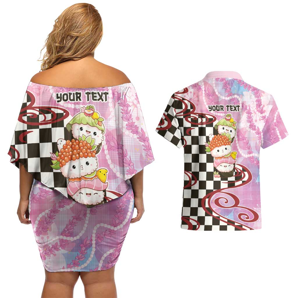 Personalized Japanese Kawaii Sushi Roll Couples Matching Off Shoulder Short Dress and Hawaiian Shirt Wagara Palaka Pattern