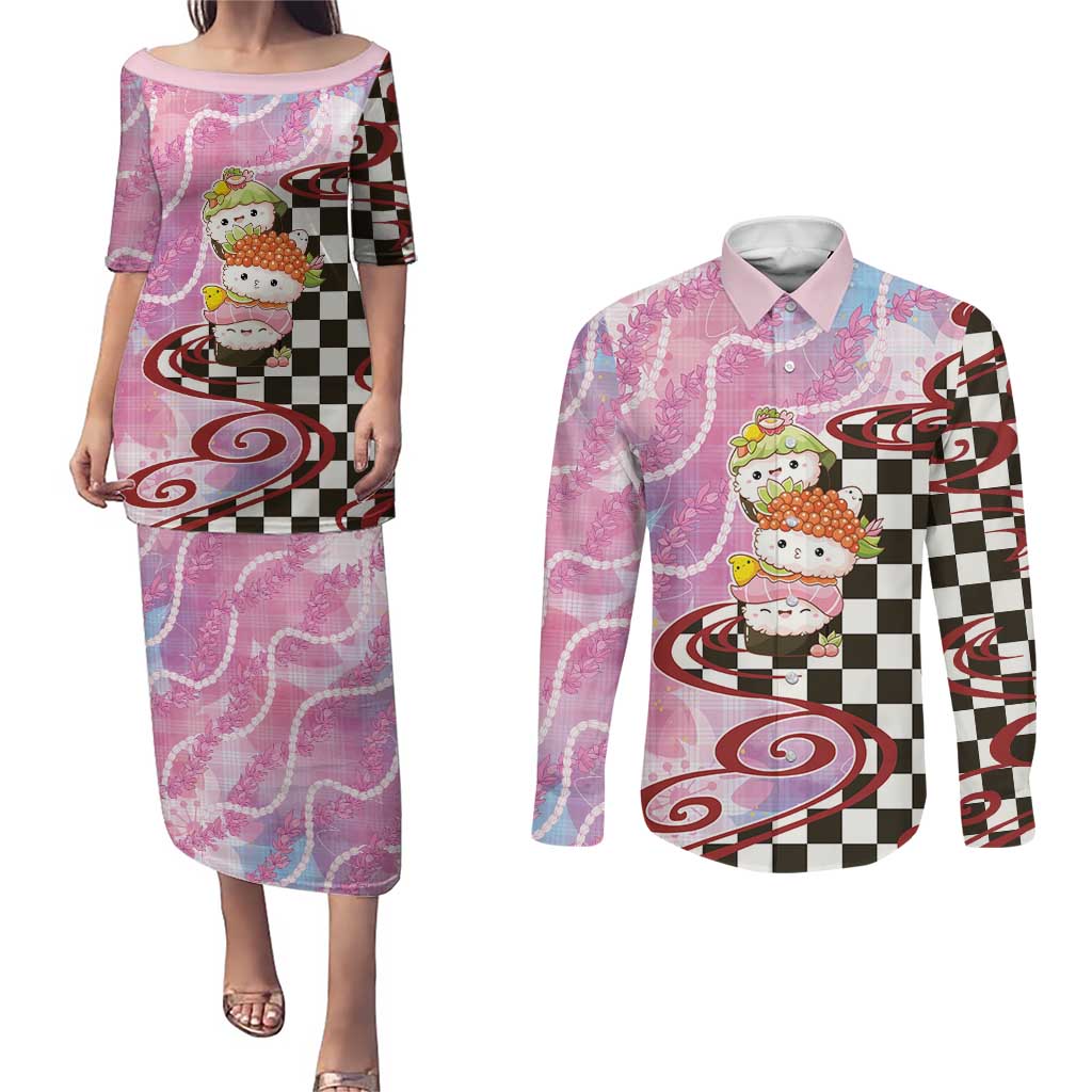 Personalized Japanese Kawaii Sushi Roll Couples Matching Puletasi and Long Sleeve Button Shirt Wagara Palaka Pattern LT9 Pink - Polynesian Pride