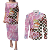 Personalized Japanese Kawaii Sushi Roll Couples Matching Puletasi and Long Sleeve Button Shirt Wagara Palaka Pattern LT9 Pink - Polynesian Pride