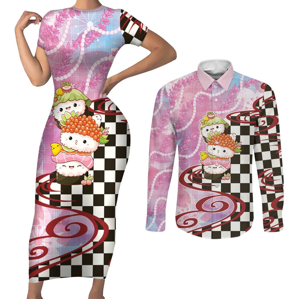 Personalized Japanese Kawaii Sushi Roll Couples Matching Short Sleeve Bodycon Dress and Long Sleeve Button Shirt Wagara Palaka Pattern