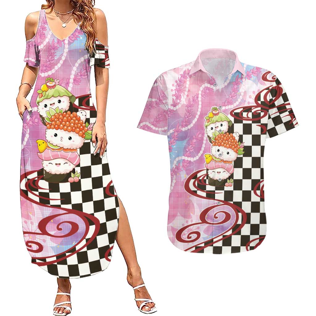 Personalized Japanese Kawaii Sushi Roll Couples Matching Summer Maxi Dress and Hawaiian Shirt Wagara Palaka Pattern LT9 Pink - Polynesian Pride