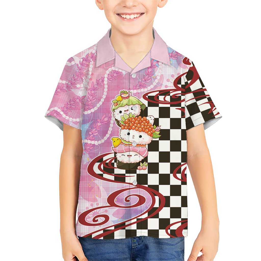 Personalized Japanese Kawaii Sushi Roll Family Matching Off The Shoulder Long Sleeve Dress and Hawaiian Shirt Wagara Palaka Pattern LT9 Son's Shirt Pink - Polynesian Pride