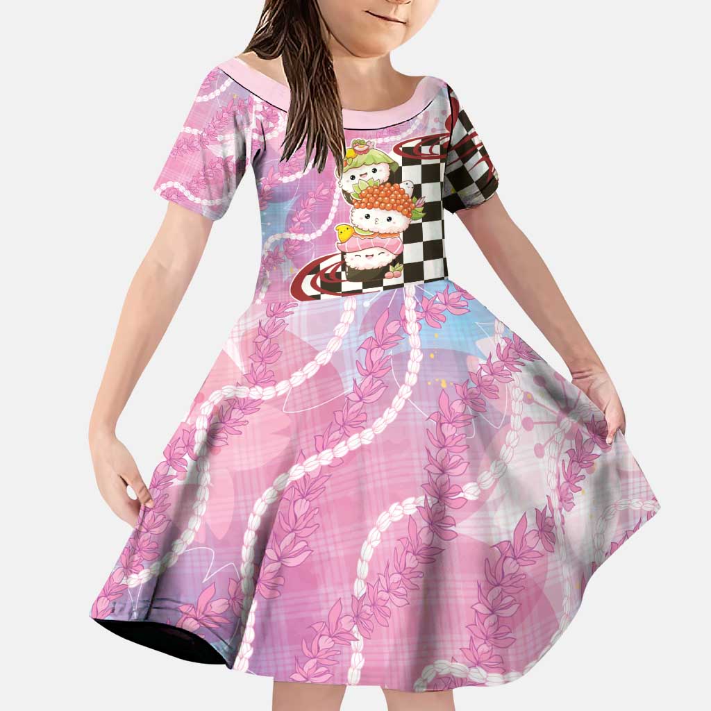 Personalized Japanese Kawaii Sushi Roll Family Matching Off Shoulder Maxi Dress and Hawaiian Shirt Wagara Palaka Pattern LT9 Daughter's Dress Pink - Polynesian Pride