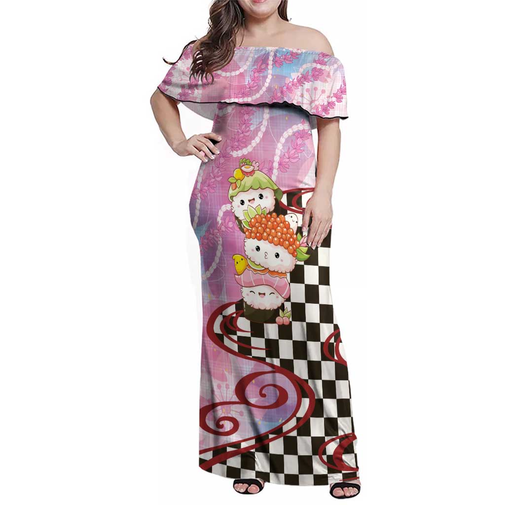 Personalized Japanese Kawaii Sushi Roll Family Matching Off Shoulder Maxi Dress and Hawaiian Shirt Wagara Palaka Pattern LT9 Mom's Dress Pink - Polynesian Pride