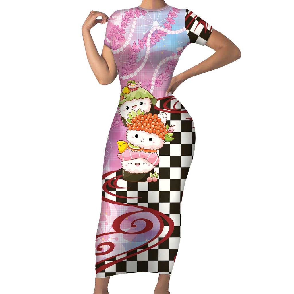 Personalized Japanese Kawaii Sushi Roll Family Matching Short Sleeve Bodycon Dress and Hawaiian Shirt Wagara Palaka Pattern LT9 Mom's Dress Pink - Polynesian Pride