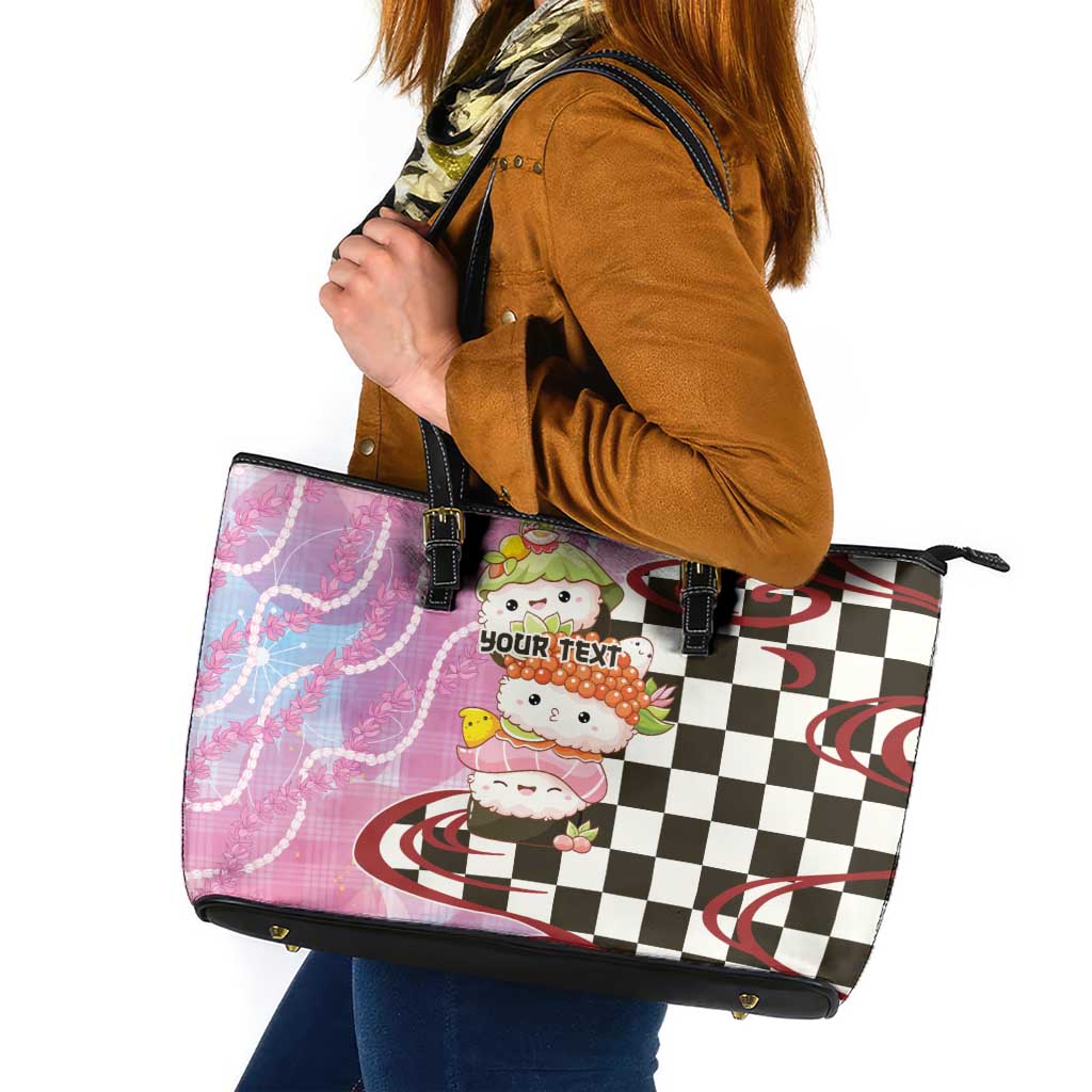 Personalized Japanese Kawaii Sushi Roll Leather Tote Bag Wagara Palaka Pattern