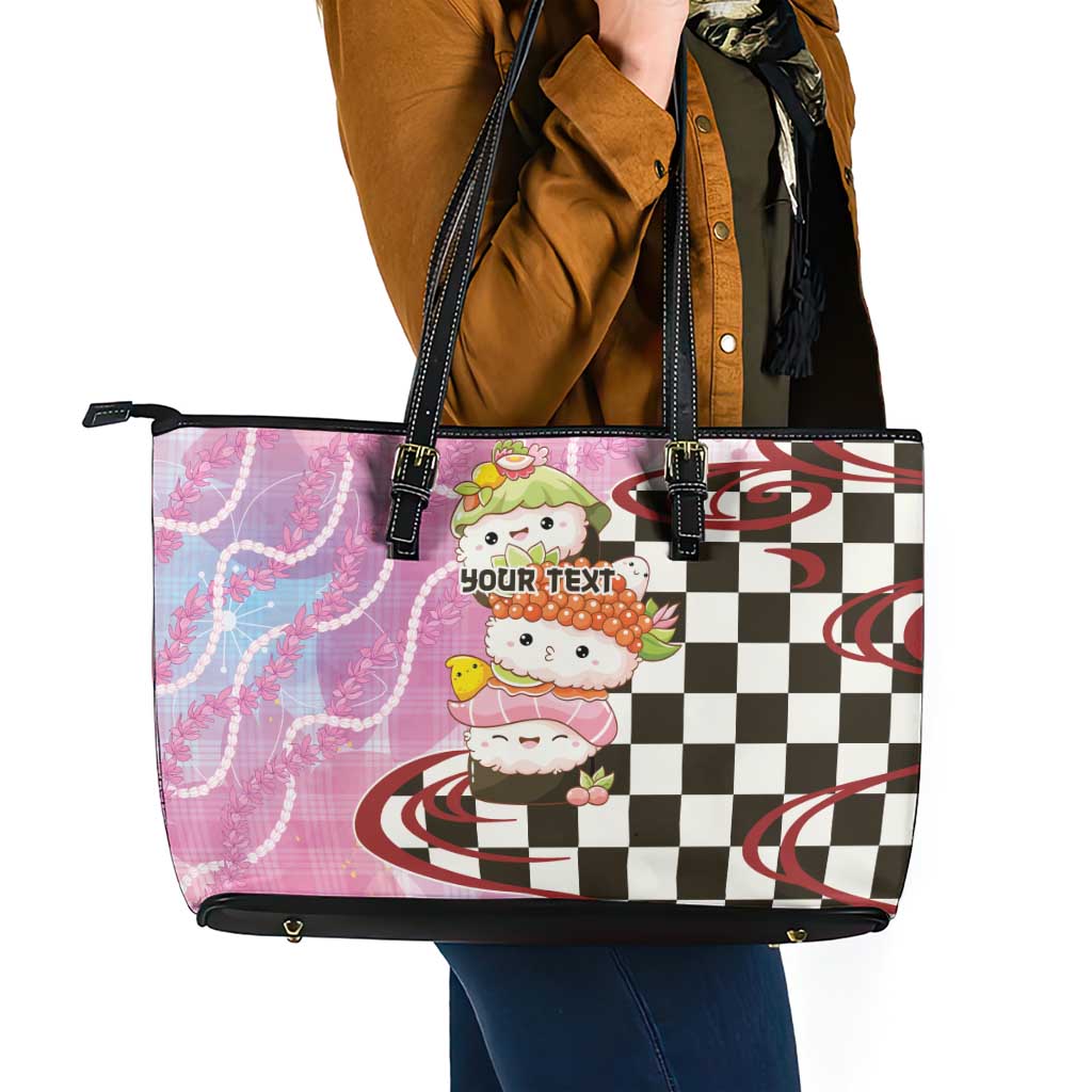 Personalized Japanese Kawaii Sushi Roll Leather Tote Bag Wagara Palaka Pattern