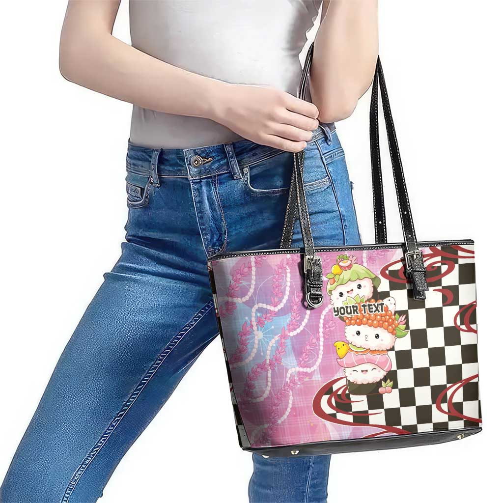 Personalized Japanese Kawaii Sushi Roll Leather Tote Bag Wagara Palaka Pattern