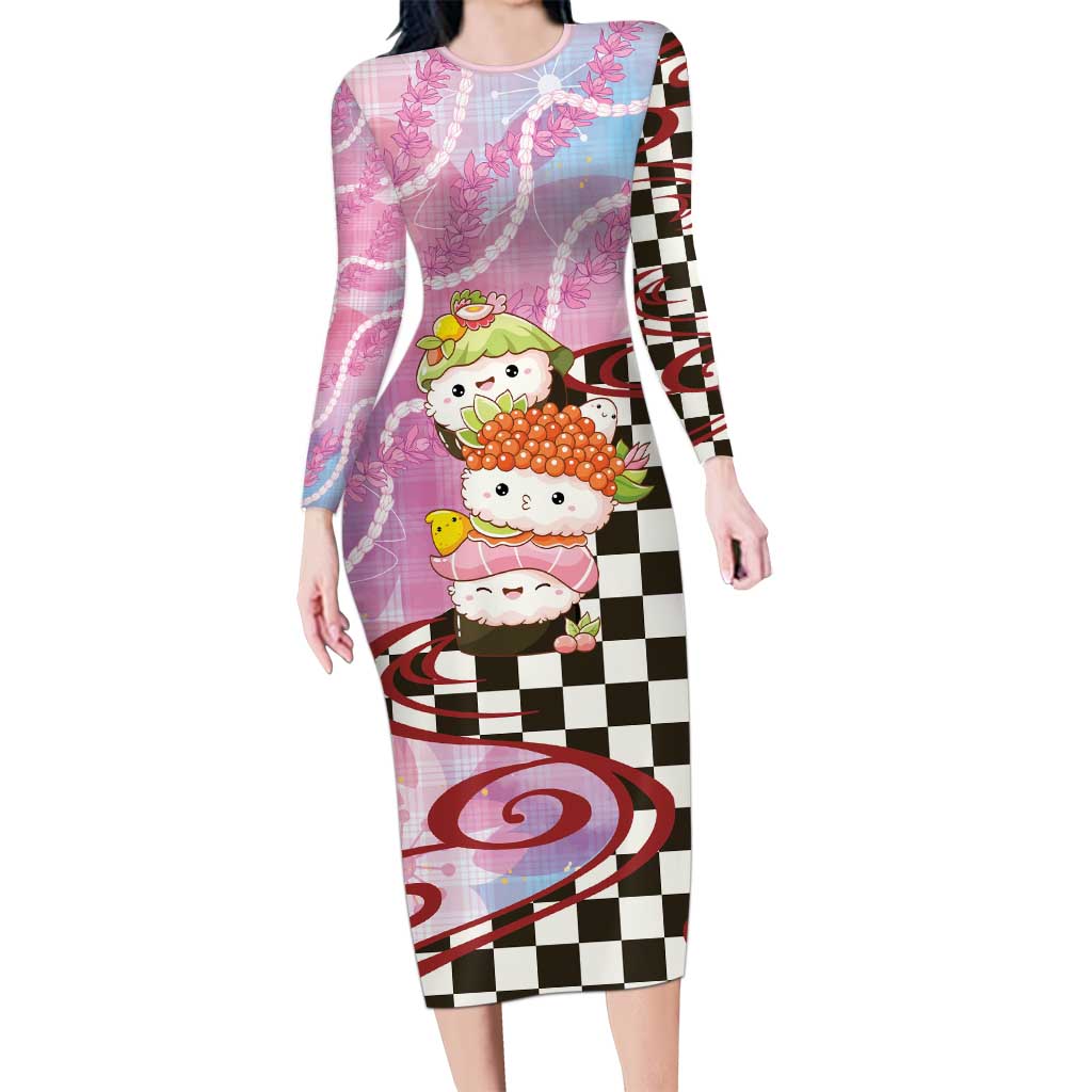 Personalized Japanese Kawaii Sushi Roll Long Sleeve Bodycon Dress Wagara Palaka Pattern LT9 Long Dress Pink - Polynesian Pride