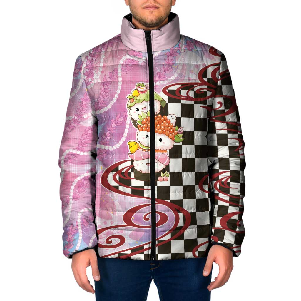 Personalized Japanese Kawaii Sushi Roll Padded Jacket Wagara Palaka Pattern LT9 Men Pink - Polynesian Pride