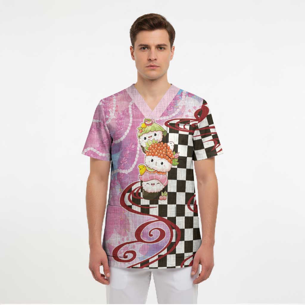 Personalized Japanese Kawaii Sushi Roll Scrub Top Wagara Palaka Pattern