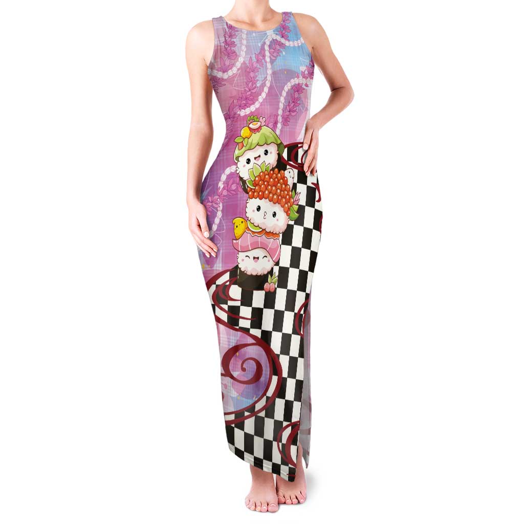 Personalized Japanese Kawaii Sushi Roll Tank Maxi Dress Wagara Palaka Pattern LT9 Women Pink - Polynesian Pride