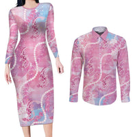 Japanese Koi Fish Couples Matching Long Sleeve Bodycon Dress and Long Sleeve Button Shirt Pink Wagara Palaka Honohono Pikake Lei