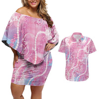 Japanese Koi Fish Couples Matching Off Shoulder Short Dress and Hawaiian Shirt Pink Wagara Palaka Honohono Pikake Lei