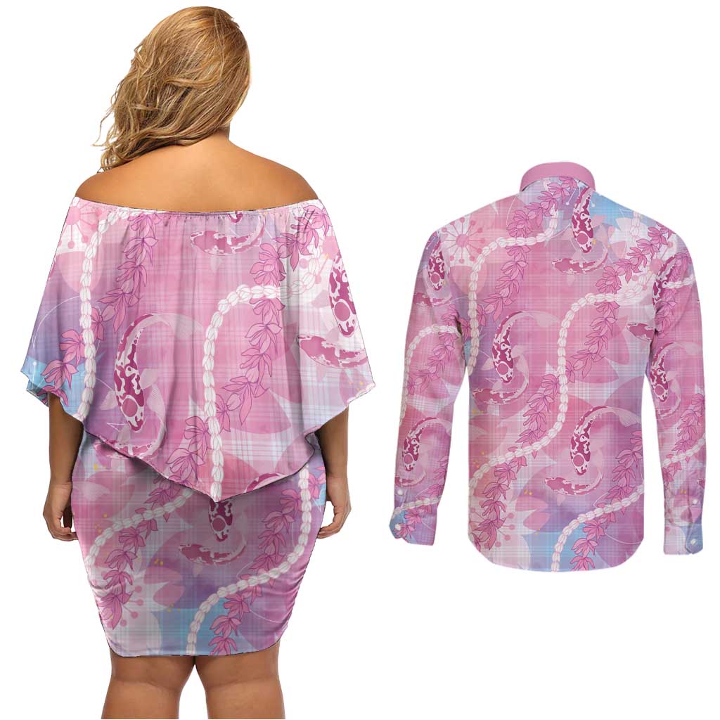 Japanese Koi Fish Couples Matching Off Shoulder Short Dress and Long Sleeve Button Shirt Pink Wagara Palaka Honohono Pikake Lei LT9 - Polynesian Pride