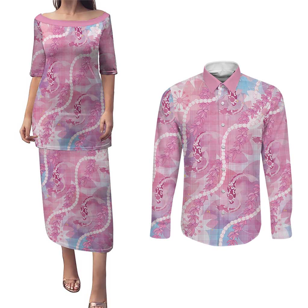Japanese Koi Fish Couples Matching Puletasi and Long Sleeve Button Shirt Pink Wagara Palaka Honohono Pikake Lei LT9 Pink - Polynesian Pride