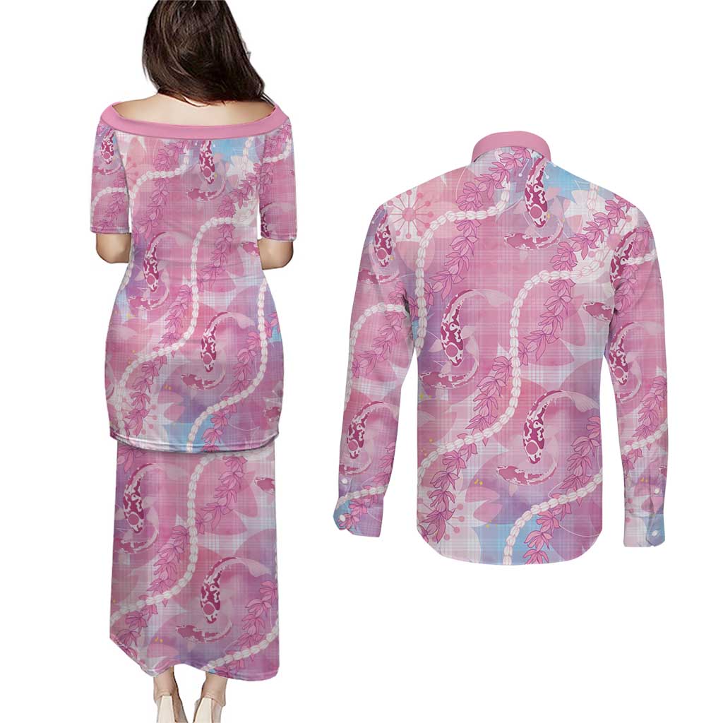 Japanese Koi Fish Couples Matching Puletasi and Long Sleeve Button Shirt Pink Wagara Palaka Honohono Pikake Lei LT9 - Polynesian Pride