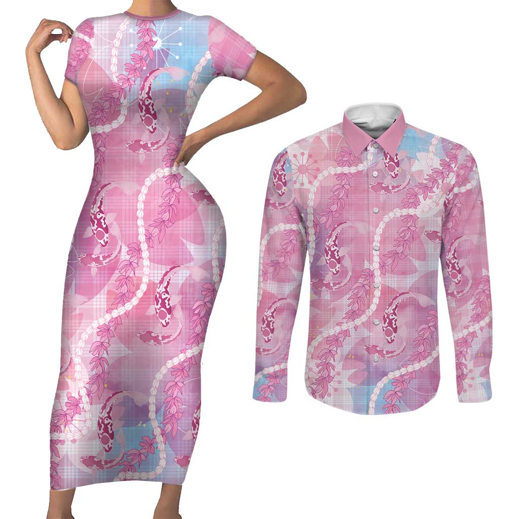 Japanese Koi Fish Couples Matching Short Sleeve Bodycon Dress and Long Sleeve Button Shirt Pink Wagara Palaka Honohono Pikake Lei