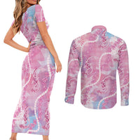 Japanese Koi Fish Couples Matching Short Sleeve Bodycon Dress and Long Sleeve Button Shirt Pink Wagara Palaka Honohono Pikake Lei