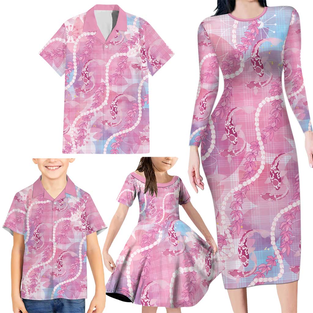 Japanese Koi Fish Family Matching Long Sleeve Bodycon Dress and Hawaiian Shirt Pink Wagara Palaka Honohono Pikake Lei