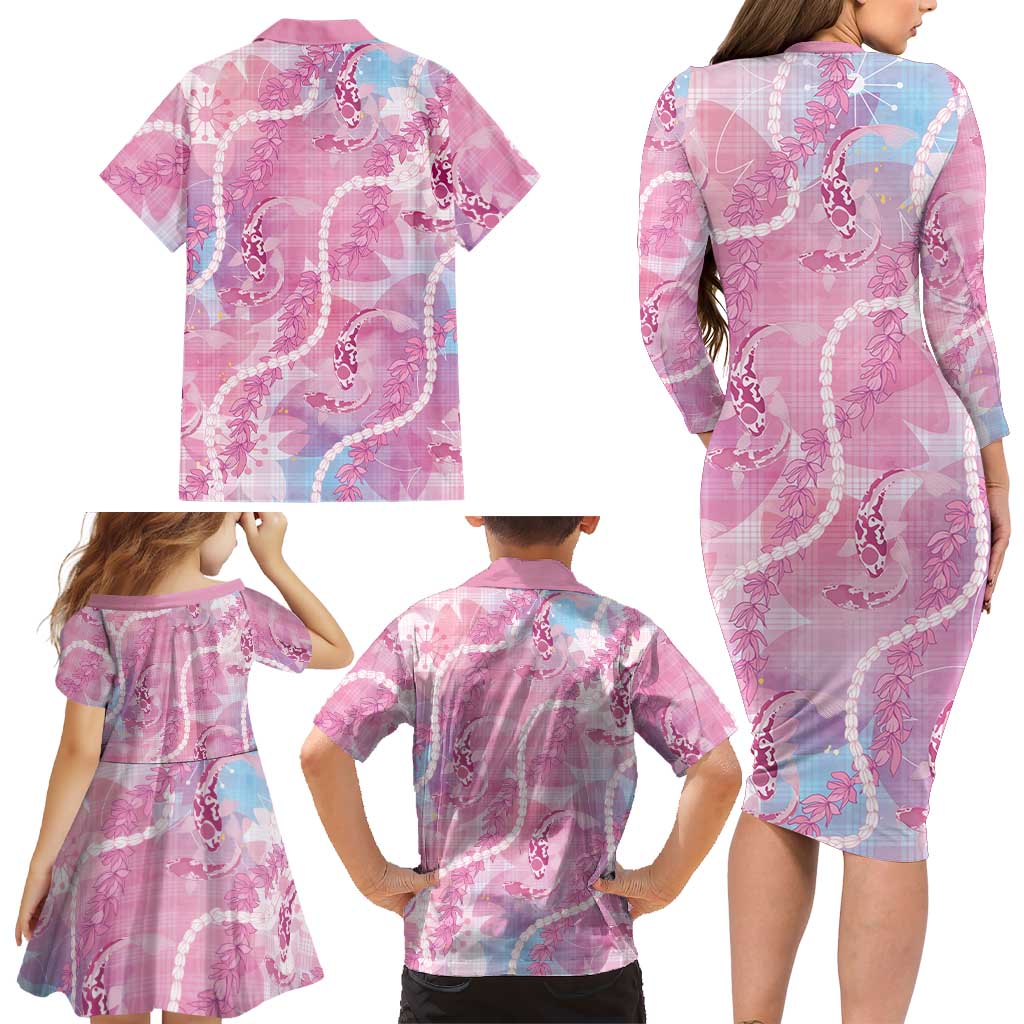 Japanese Koi Fish Family Matching Long Sleeve Bodycon Dress and Hawaiian Shirt Pink Wagara Palaka Honohono Pikake Lei