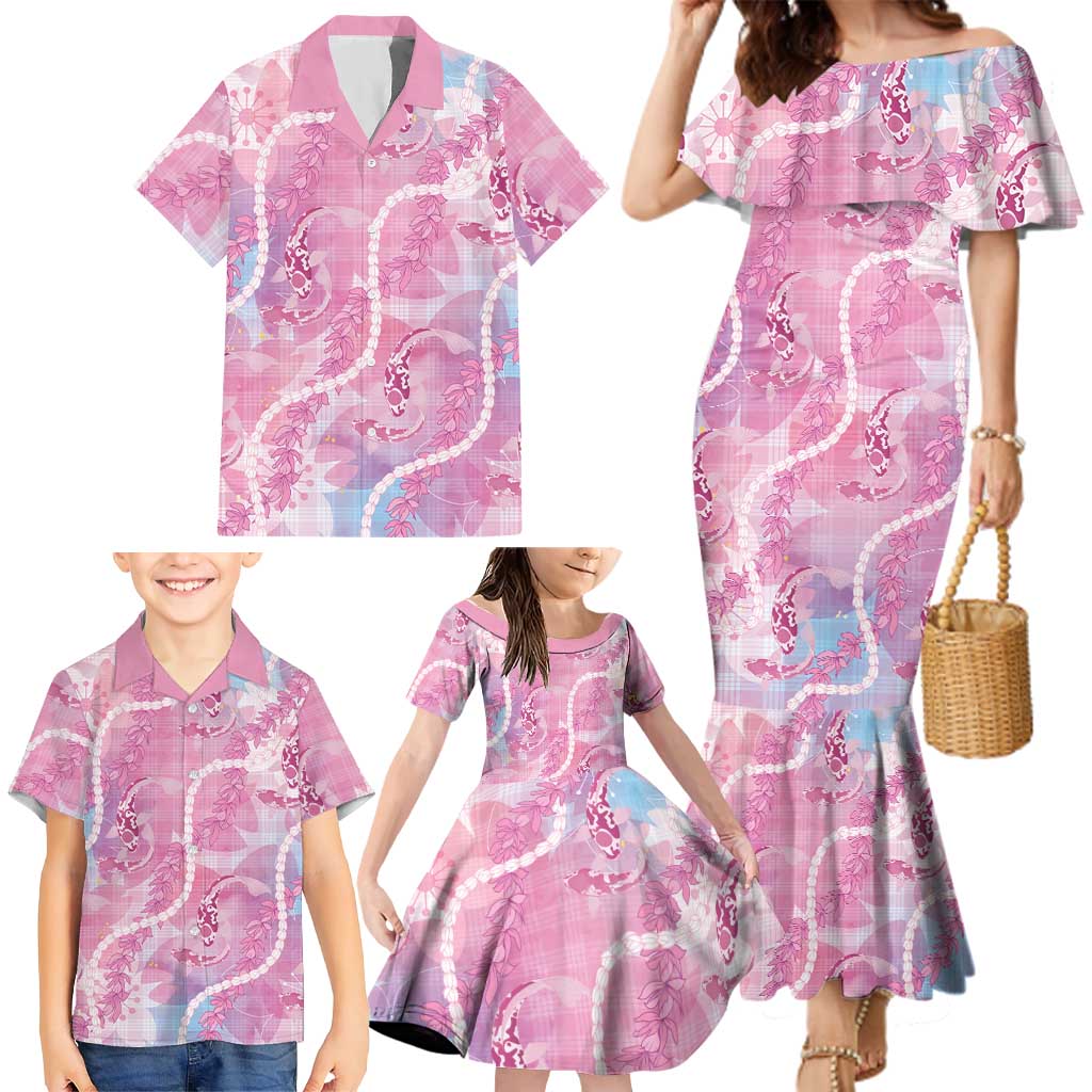 Japanese Koi Fish Family Matching Mermaid Dress and Hawaiian Shirt Pink Wagara Palaka Honohono Pikake Lei