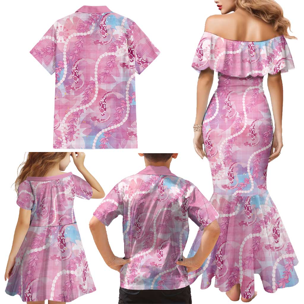 Japanese Koi Fish Family Matching Mermaid Dress and Hawaiian Shirt Pink Wagara Palaka Honohono Pikake Lei