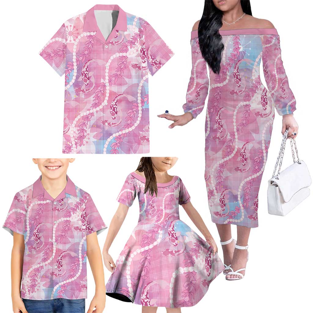 Japanese Koi Fish Family Matching Off The Shoulder Long Sleeve Dress and Hawaiian Shirt Pink Wagara Palaka Honohono Pikake Lei