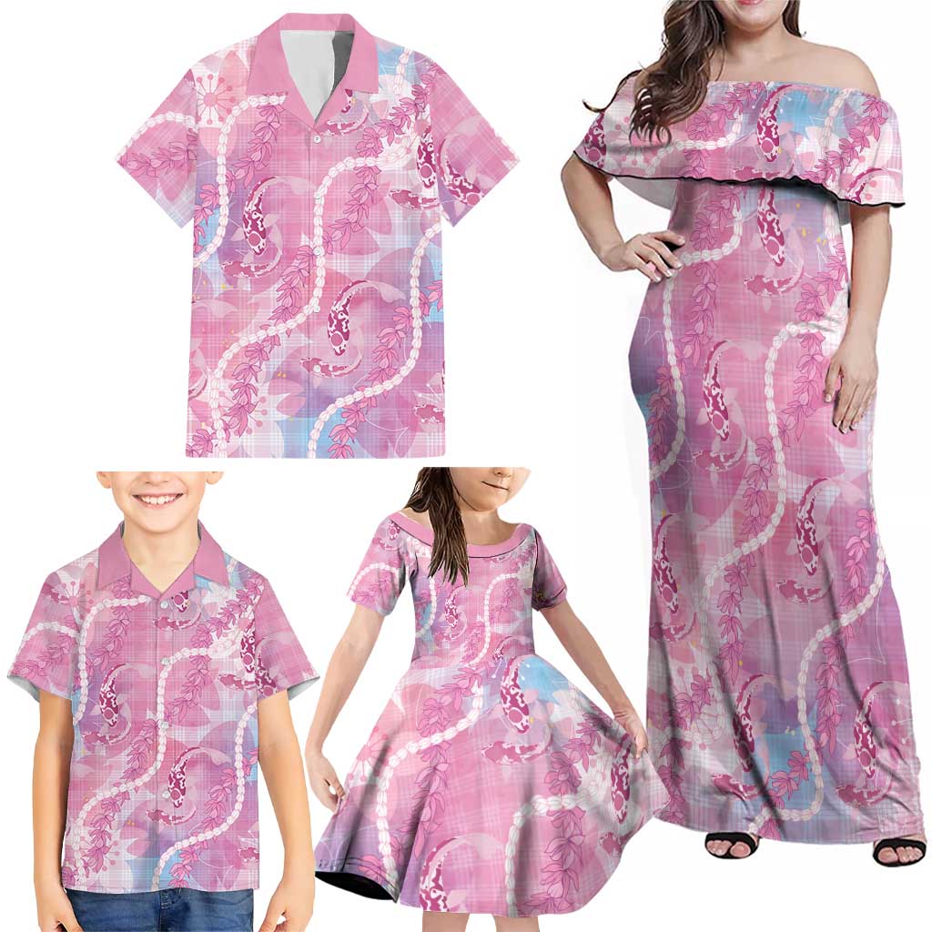 Japanese Koi Fish Family Matching Off Shoulder Maxi Dress and Hawaiian Shirt Pink Wagara Palaka Honohono Pikake Lei