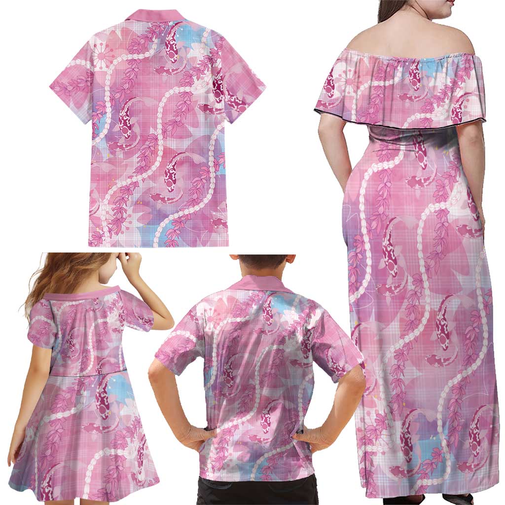 Japanese Koi Fish Family Matching Off Shoulder Maxi Dress and Hawaiian Shirt Pink Wagara Palaka Honohono Pikake Lei