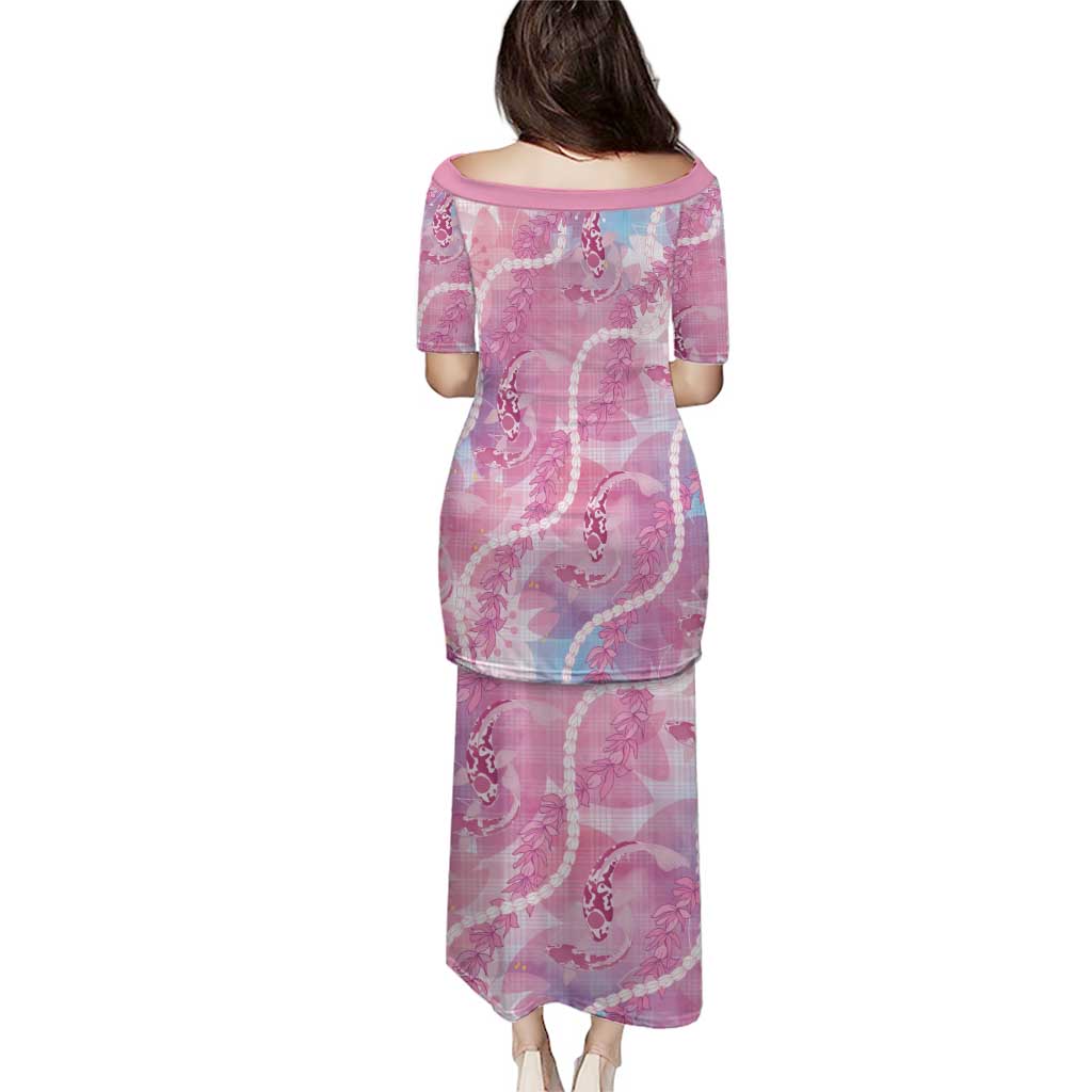 Japanese Koi Fish Family Matching Puletasi and Hawaiian Shirt Pink Wagara Palaka Honohono Pikake Lei