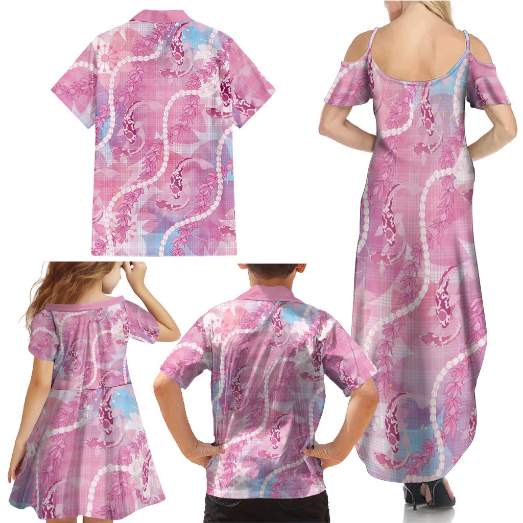 Japanese Koi Fish Family Matching Summer Maxi Dress and Hawaiian Shirt Pink Wagara Palaka Honohono Pikake Lei