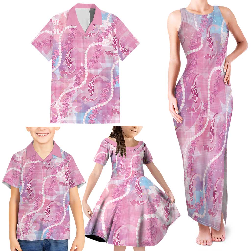 Japanese Koi Fish Family Matching Tank Maxi Dress and Hawaiian Shirt Pink Wagara Palaka Honohono Pikake Lei