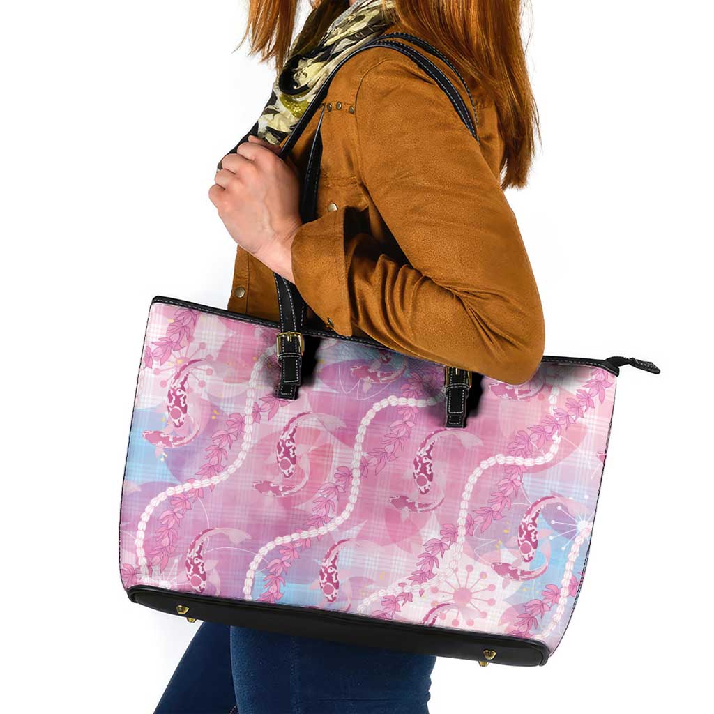 Japanese Koi Fish Leather Tote Bag Pink Wagara Palaka Honohono Pikake Lei