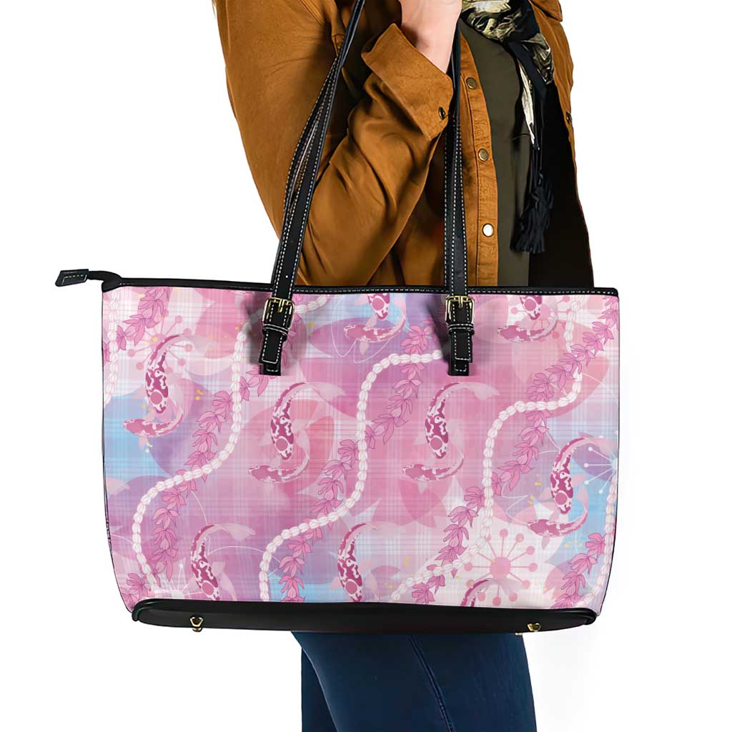 Japanese Koi Fish Leather Tote Bag Pink Wagara Palaka Honohono Pikake Lei