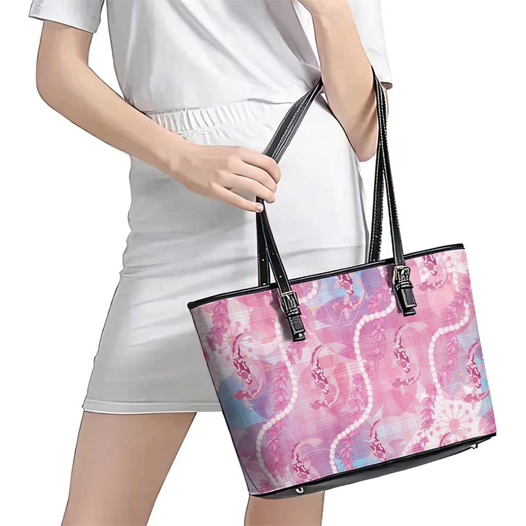 Japanese Koi Fish Leather Tote Bag Pink Wagara Palaka Honohono Pikake Lei