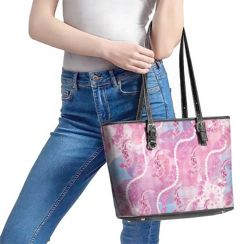 Japanese Koi Fish Leather Tote Bag Pink Wagara Palaka Honohono Pikake Lei