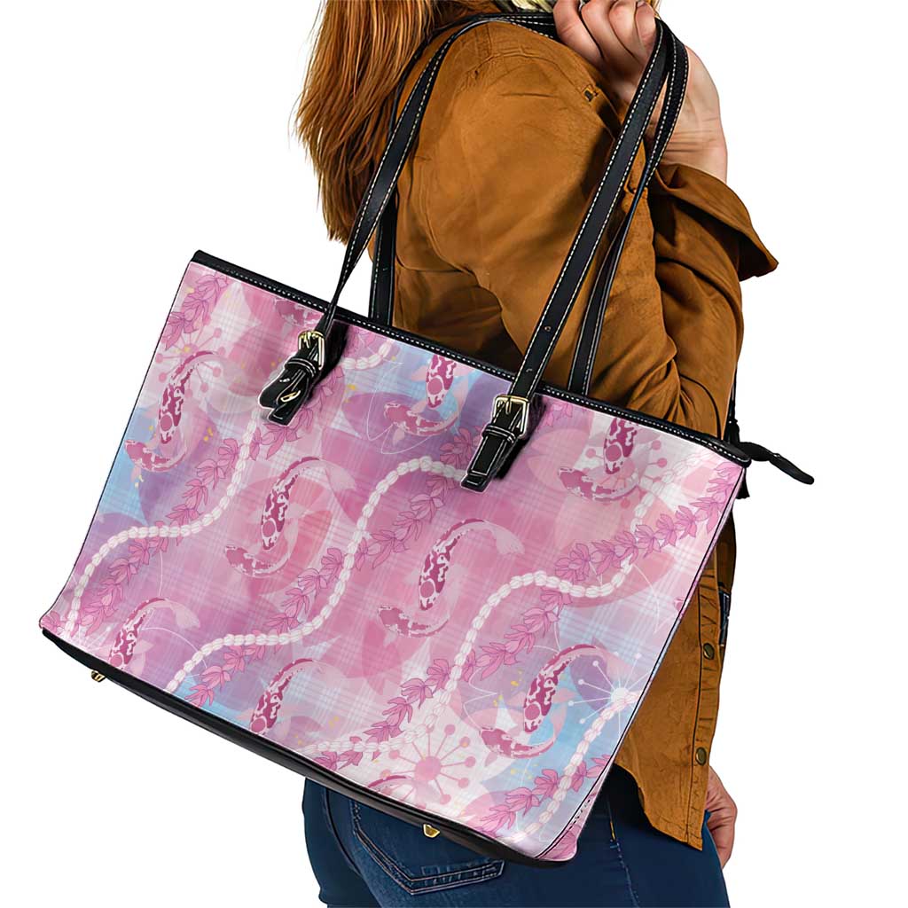 Japanese Koi Fish Leather Tote Bag Pink Wagara Palaka Honohono Pikake Lei