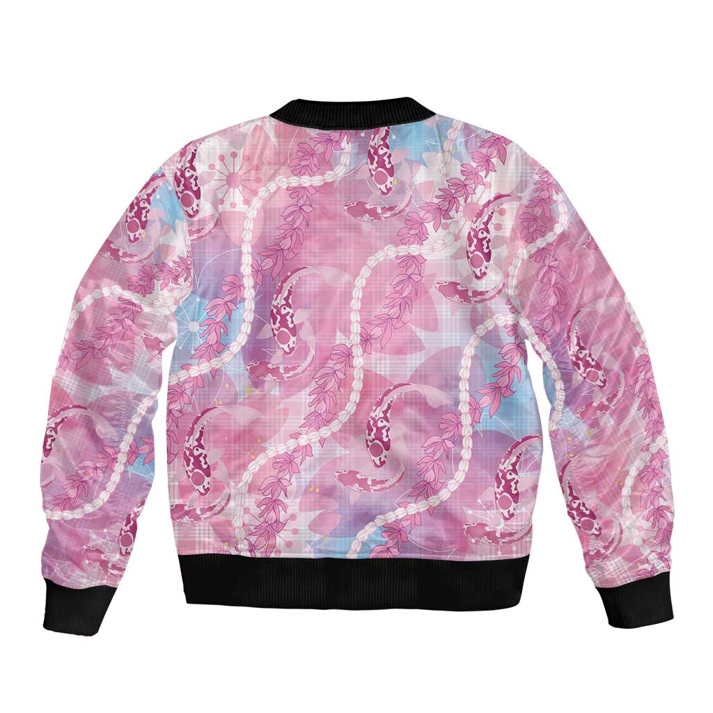 Japanese Koi Fish Sleeve Zip Bomber Jacket Pink Wagara Palaka Honohono Pikake Lei