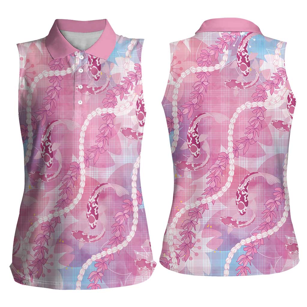 Japanese Koi Fish Women Sleeveless Polo Shirt Pink Wagara Palaka Honohono Pikake Lei