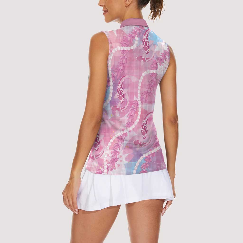 Japanese Koi Fish Women Sleeveless Polo Shirt Pink Wagara Palaka Honohono Pikake Lei