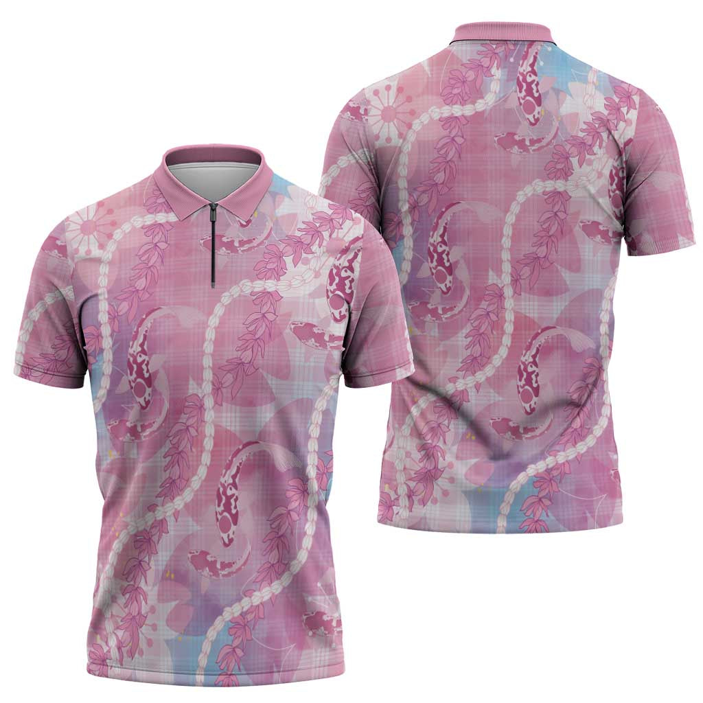 Japanese Koi Fish Zipper Polo Shirt Pink Wagara Palaka Honohono Pikake Lei LT9 - Polynesian Pride