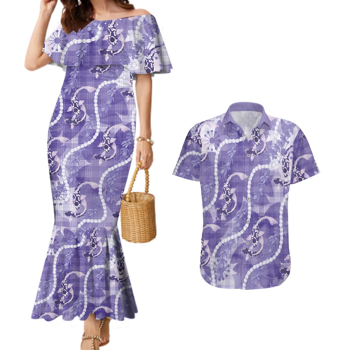 Japanese Koi Fish Couples Matching Mermaid Dress and Hawaiian Shirt Purple Wagara Palaka Honohono Pikake Lei LT9 Purple - Polynesian Pride